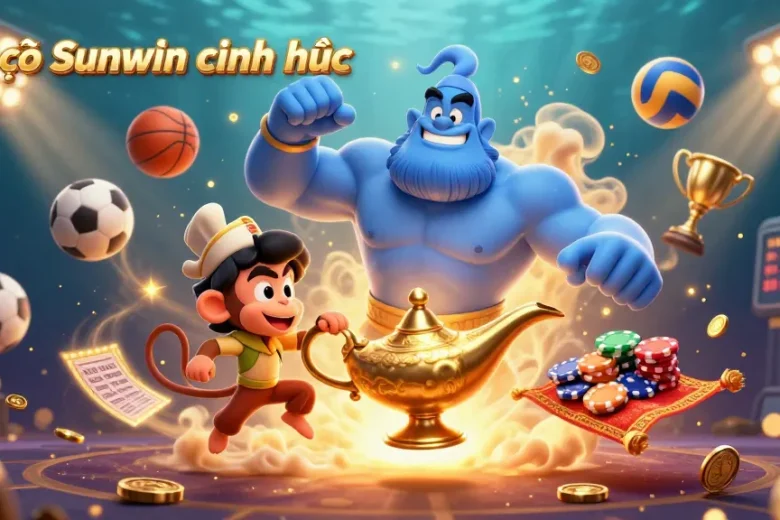 Engage with thrilling casino excitement in Link vào Sunwin chính thức featuring dynamic genie and monkey characters amidst vibrant poker chips and sports elements.