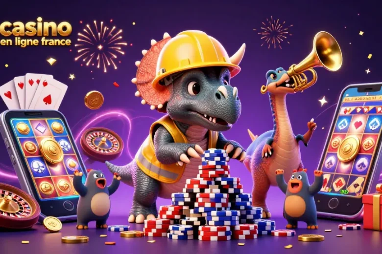 Illustration d'un triceratops en casque de chantier construisant une pyramide de jetons au casino en ligne France.