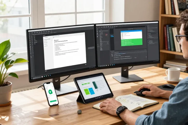 Efficient workspace using 截图工具下载 on dual monitors, showcasing Snipaste's features in a vibrant home office.