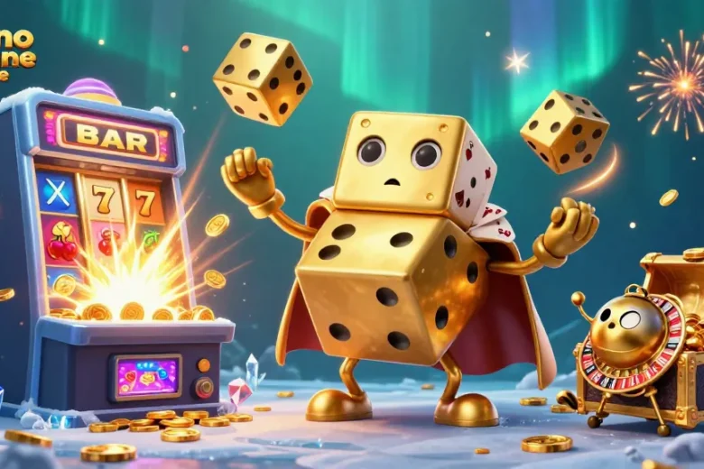 Profitez du monde des jeux avec ce visuel dynamique de casino en ligne France illustrant un golem de dés dorés.