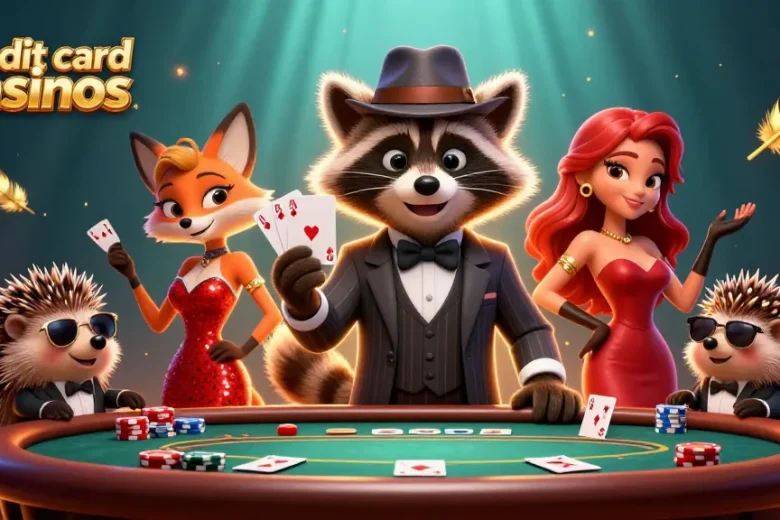 Engage with credit card casinos featuring a raccoon, a fox, and a hedgehog in a lively poker scene.