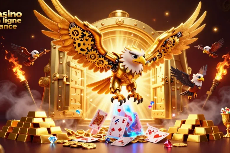 Illustration dynamique de la scène de casino en ligne France avec un aigle cybernétique et des cartes holographiques.