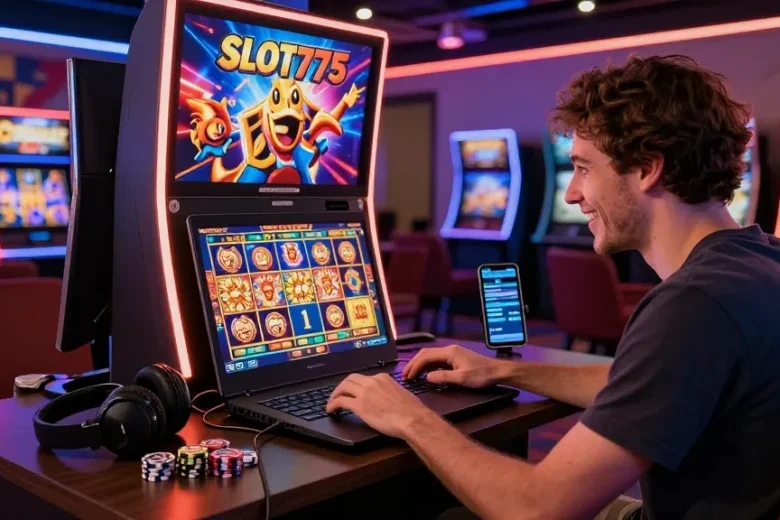 SLOT777 gaming experience featuring a player at a colorful slot machine, showcasing situs gacor excitement in a lively online casino.
