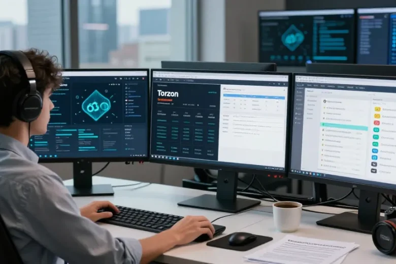 Cybersecurity analyst reviewing Torzon darknet market link and onion mirrors on multiple screens in innovative workspace.