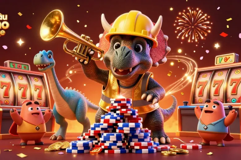 Venez découvrir le nouveau casino en ligne avec une illustration festive de personnages jouant aux machines à sous!