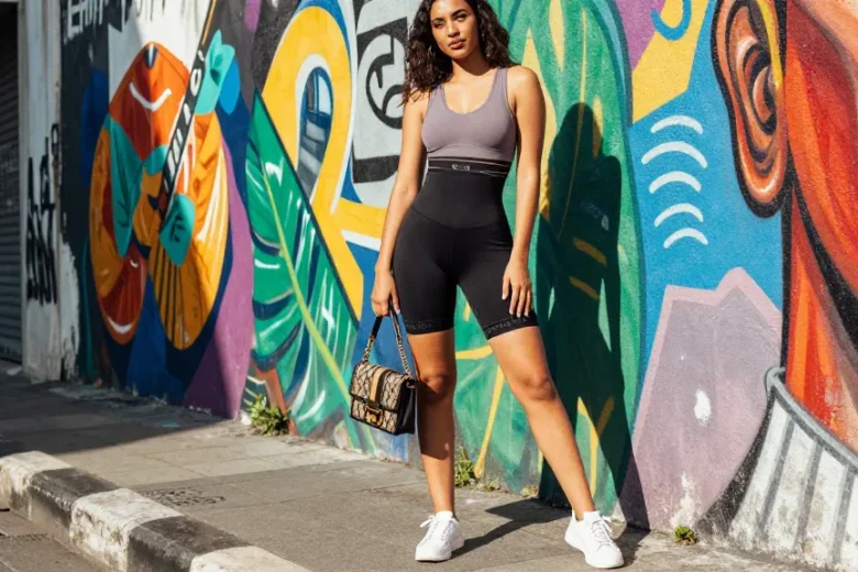 GOKIL33 V Colombian Shapewear Galess tampil menawan di jalanan Jakarta, menunjukkan kepercayaan diri dan gaya modern.