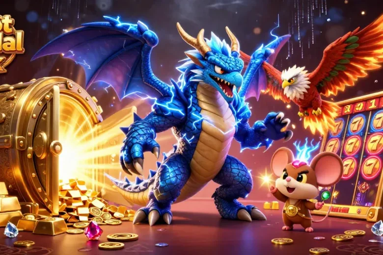 Play thrilling slot modal 5k games featuring a thunder dragon and glowing hawk in a rich casino scene.